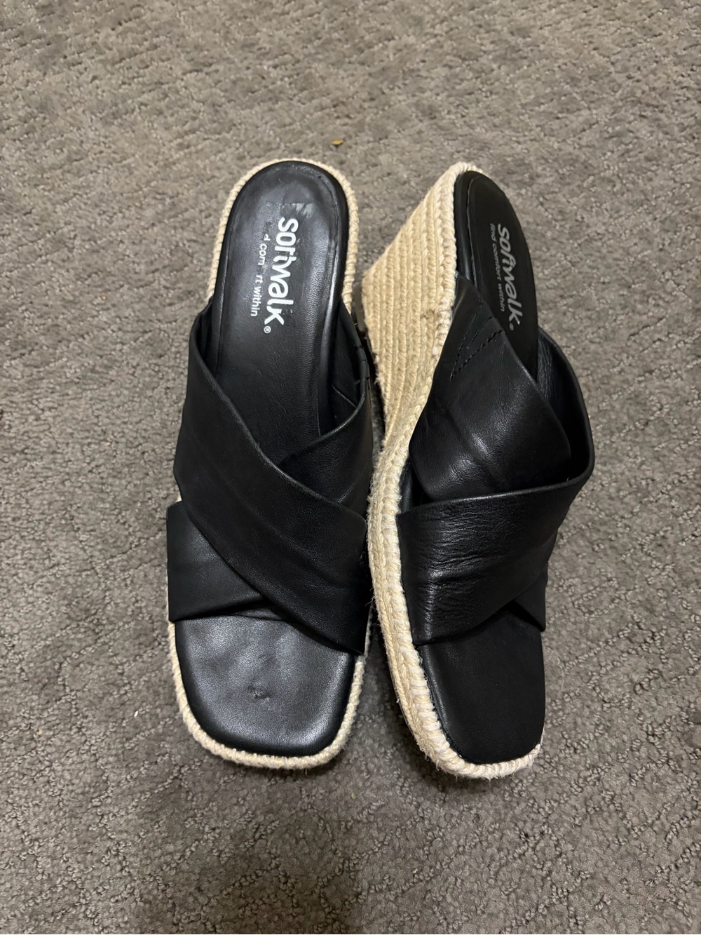 SoftWalk Black Leather Crisscross Espadrille Mule with Natural Rope Sole size 9